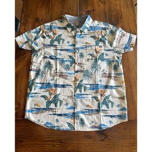 Hurley Hawaiian Shirt Mens XL White Blue Stretch Button Up Palm Tree Floral Boat